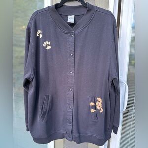 Vintage Black Button Up Jacket With Embroidered Paw Prints and Dogs